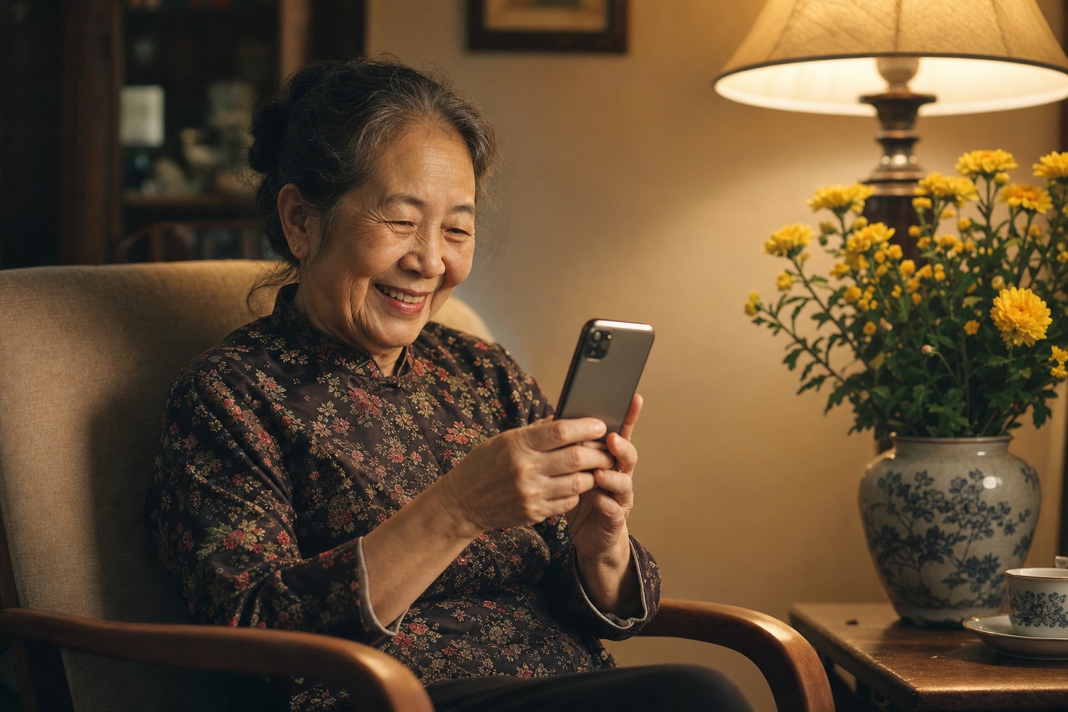 Bà cười vui nhìn điện thoại bên đèn ấm buổi tối