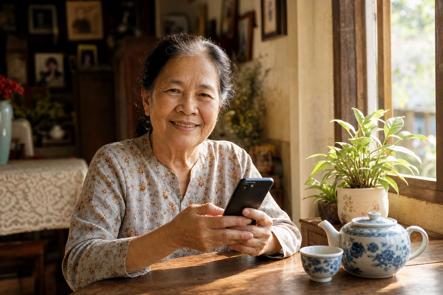 Bà ngồi bên cửa sổ với ấm trà, cầm điện thoại và mỉm cười